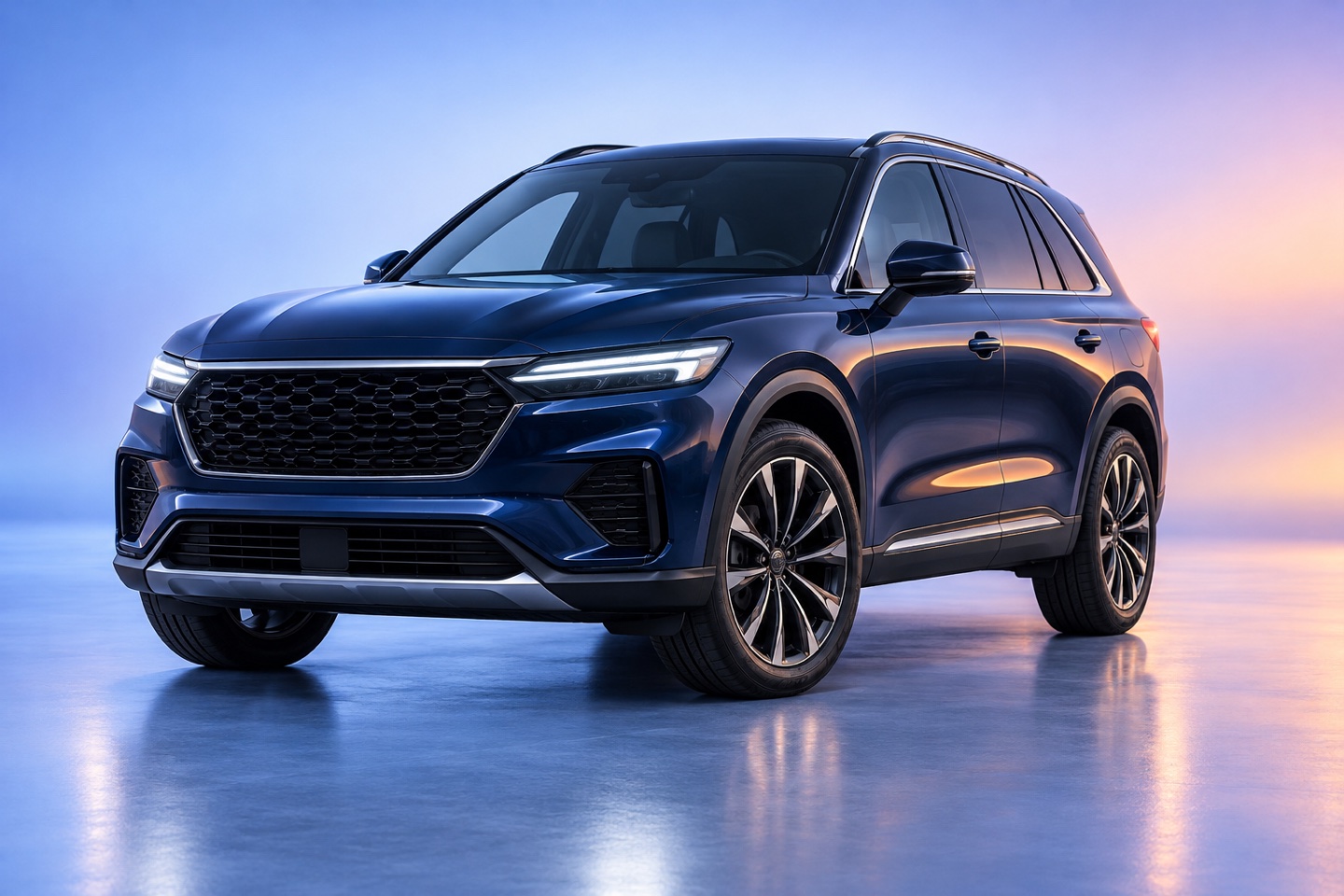 Illustrative midnight-blue SUV in a blue and lavender studio